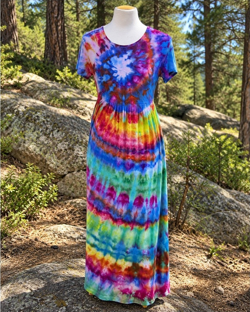 One-of-a-kind hand-dyed rainbow geode maxi dress