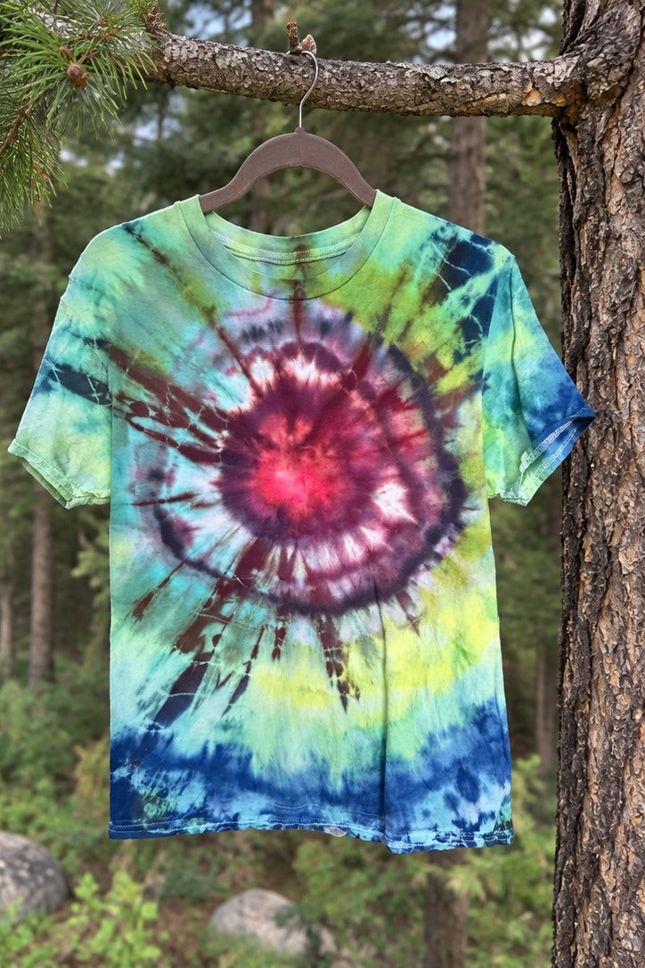 One-of-a-kind lime aqua navy magenta circular burst hand-dyed T-shirt