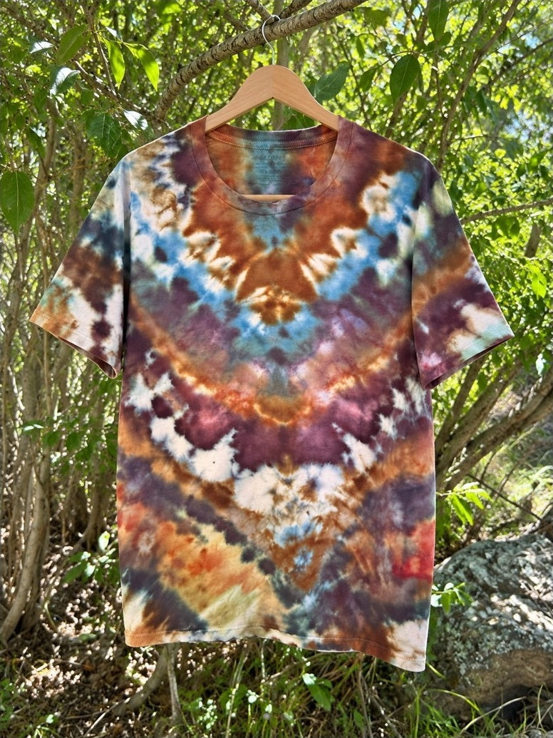 One-of-a-kind brown plum blue cream concentric geode hand-dyed T-shirt