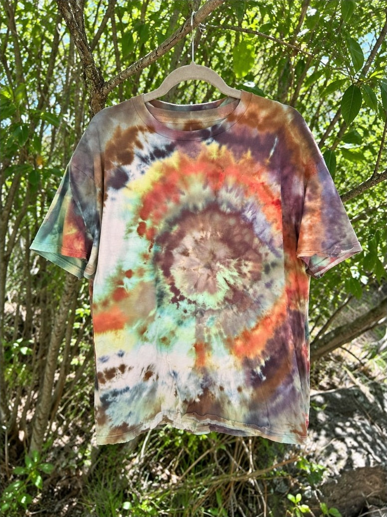 One-of-a-kind mint coral plum circular burst hand-dyed T-shirt
