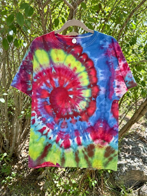 One-of-a-kind blue red lime concentric burst hand-dyed T-shirt