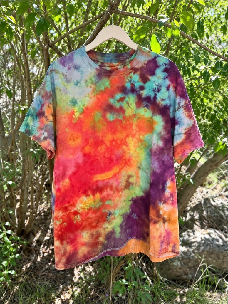 One-of-a-kind orange purple aqua green abstract ice-dyed T-shirt