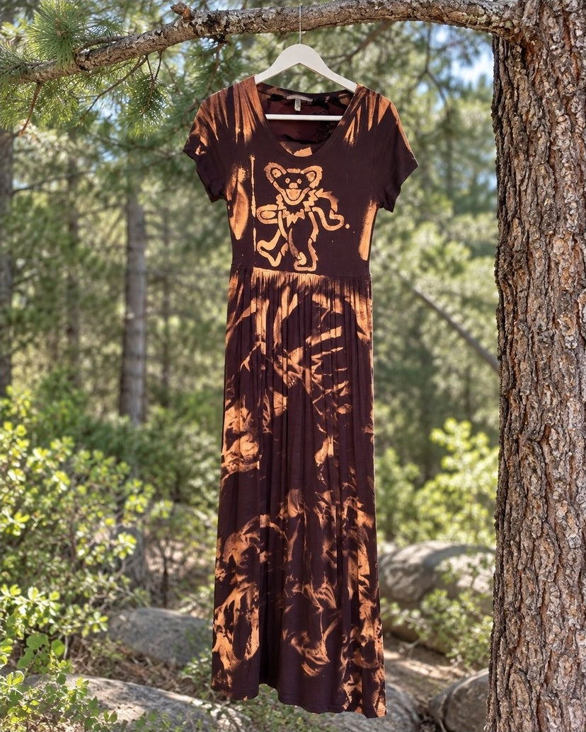 Mossy Mountain Mama MMM-TD-064 one-of-a-kind reverse-dyed dancing bear maxi dress