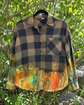 One-of-a-kind charcoal plaid orange yellow green geode-dyed flannel