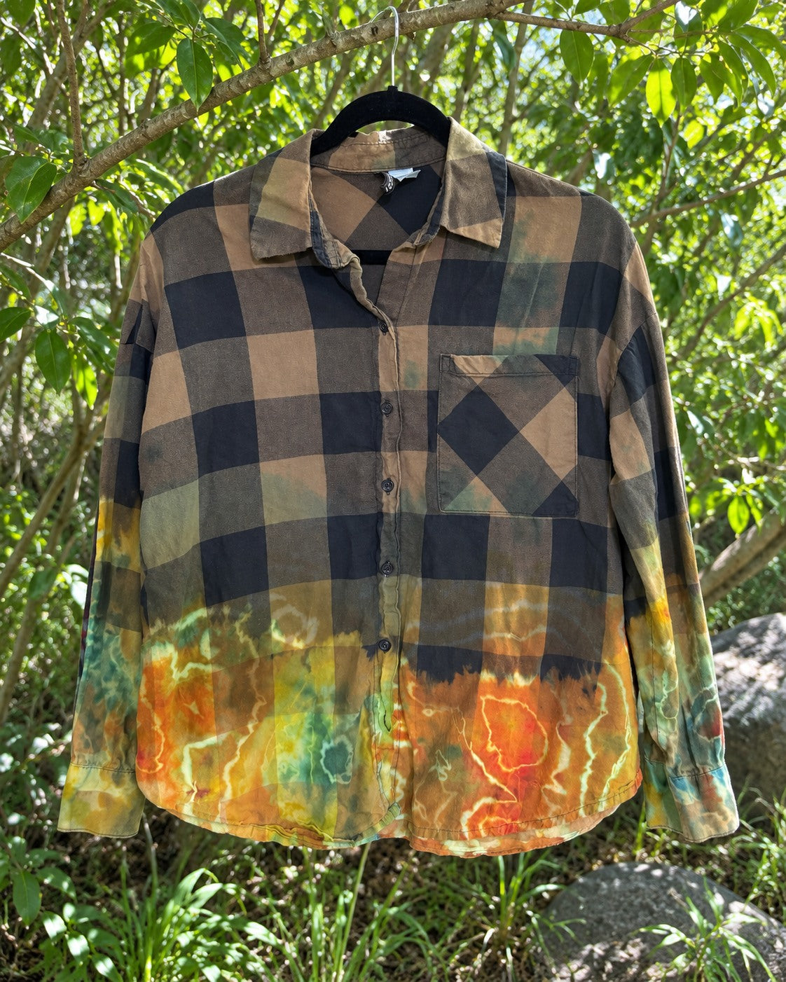 One-of-a-kind charcoal plaid orange yellow green geode-dyed flannel