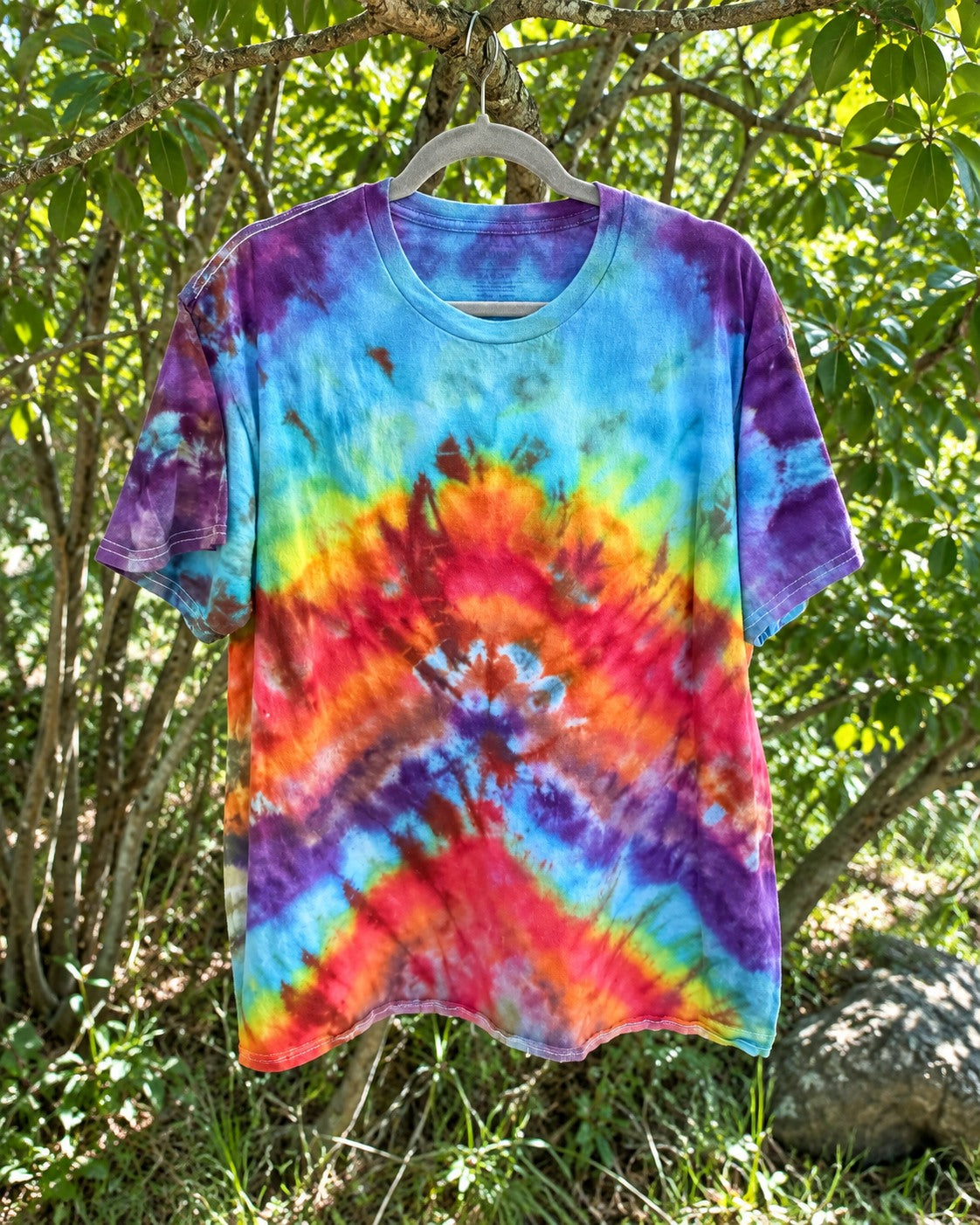 One-of-a-kind aqua orange pink purple abstract burst T-shirt