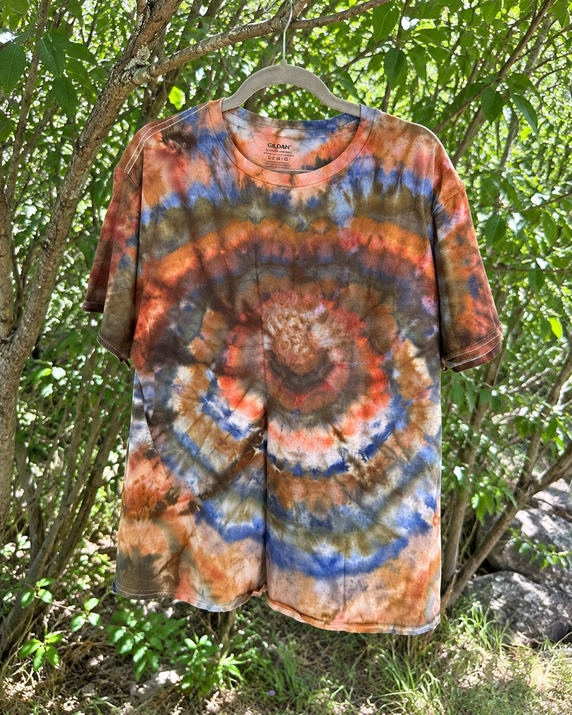 One-of-a-kind aqua olive rust blue earth-tone geode T-shirt