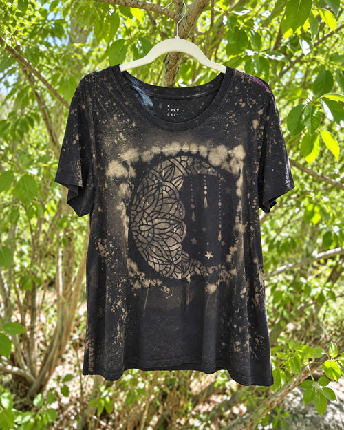 One-of-a-kind black reverse-dyed crescent moon celestial graphic top