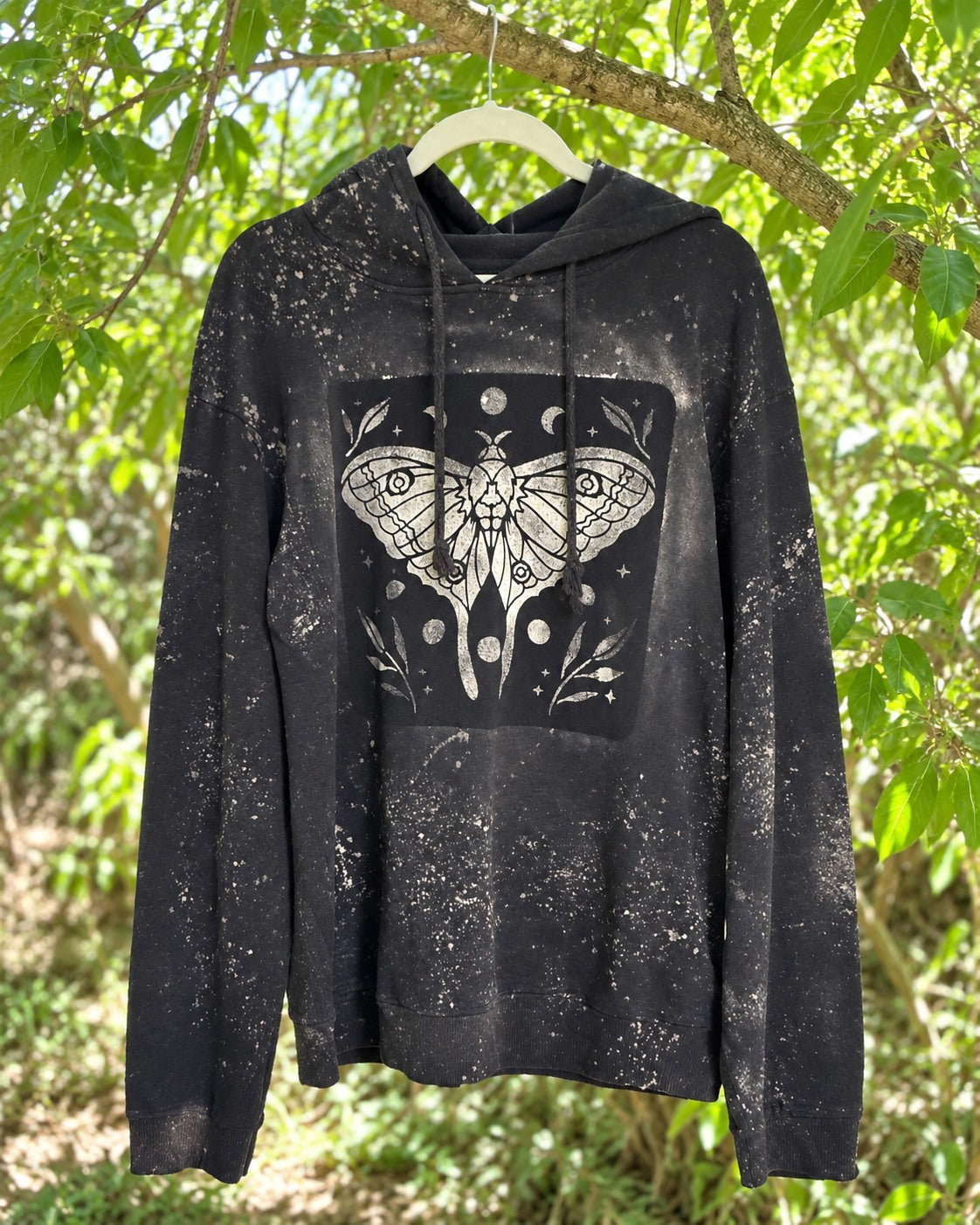 Mossy Mountain Mama MMM-TD-084 one-of-a-kind reverse-dyed luna moth hoodie
