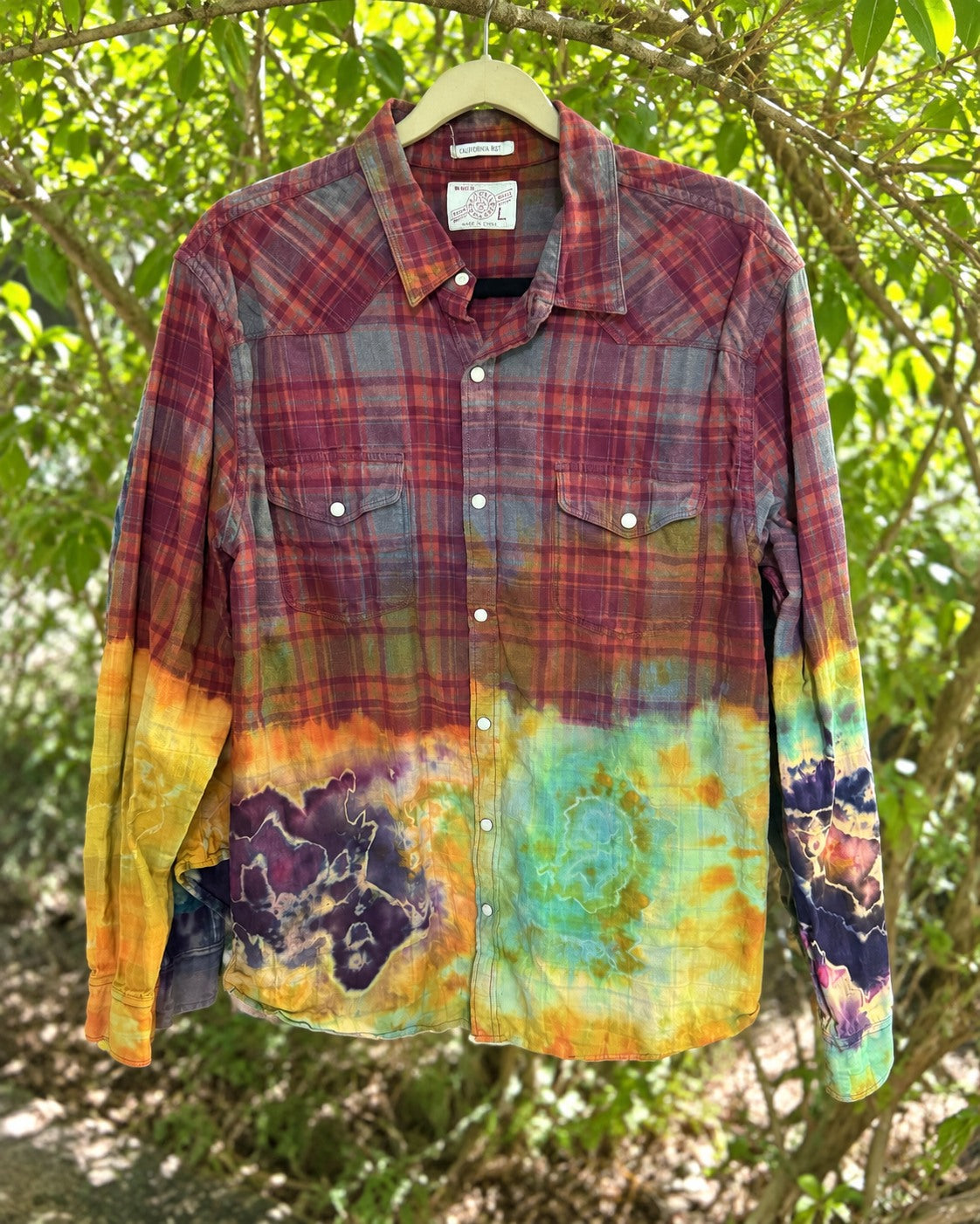 One-of-a-kind burgundy plaid western geode-dyed California 89 flannel
