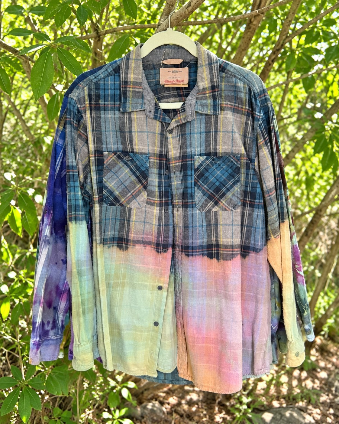 One-of-a-kind blue-gray plaid pastel ice-dyed Ultimate Hunter button-up