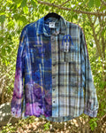 One-of-a-kind blue gray plaid split-dye embroidered face button-up