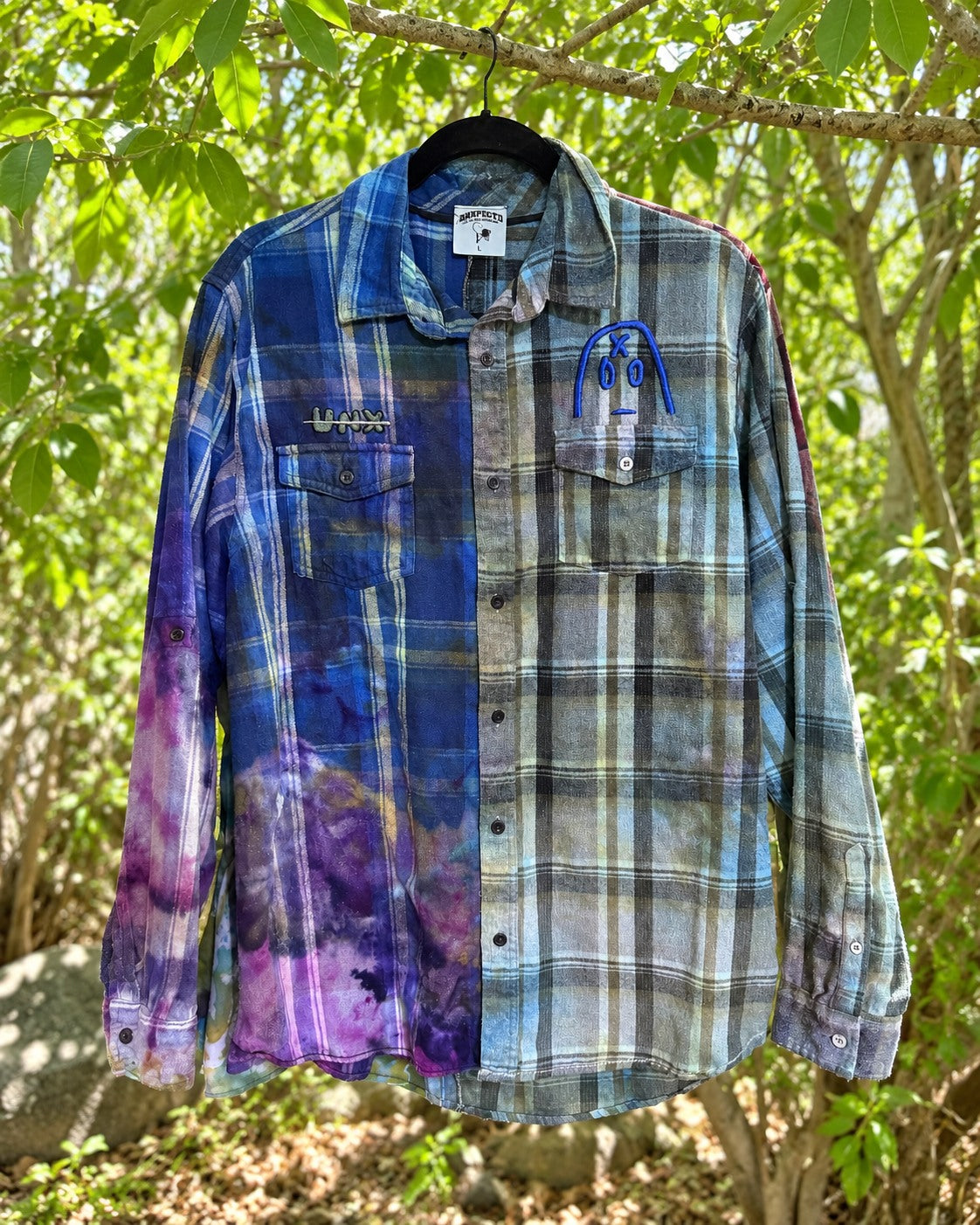 One-of-a-kind blue gray plaid split-dye embroidered face button-up