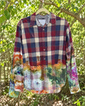 One-of-a-kind burgundy navy cream plaid complex geode-dyed button-up
