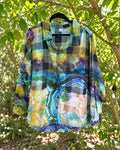 One-of-a-kind dark large-check green blue yellow purple geode-dyed button-up