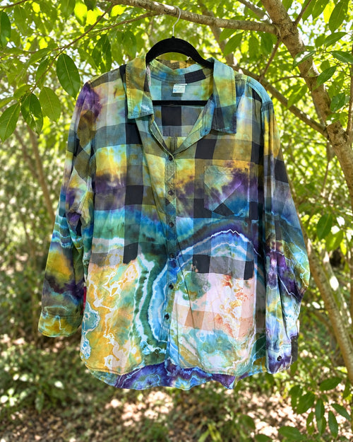 One-of-a-kind dark large-check green blue yellow purple geode-dyed button-up