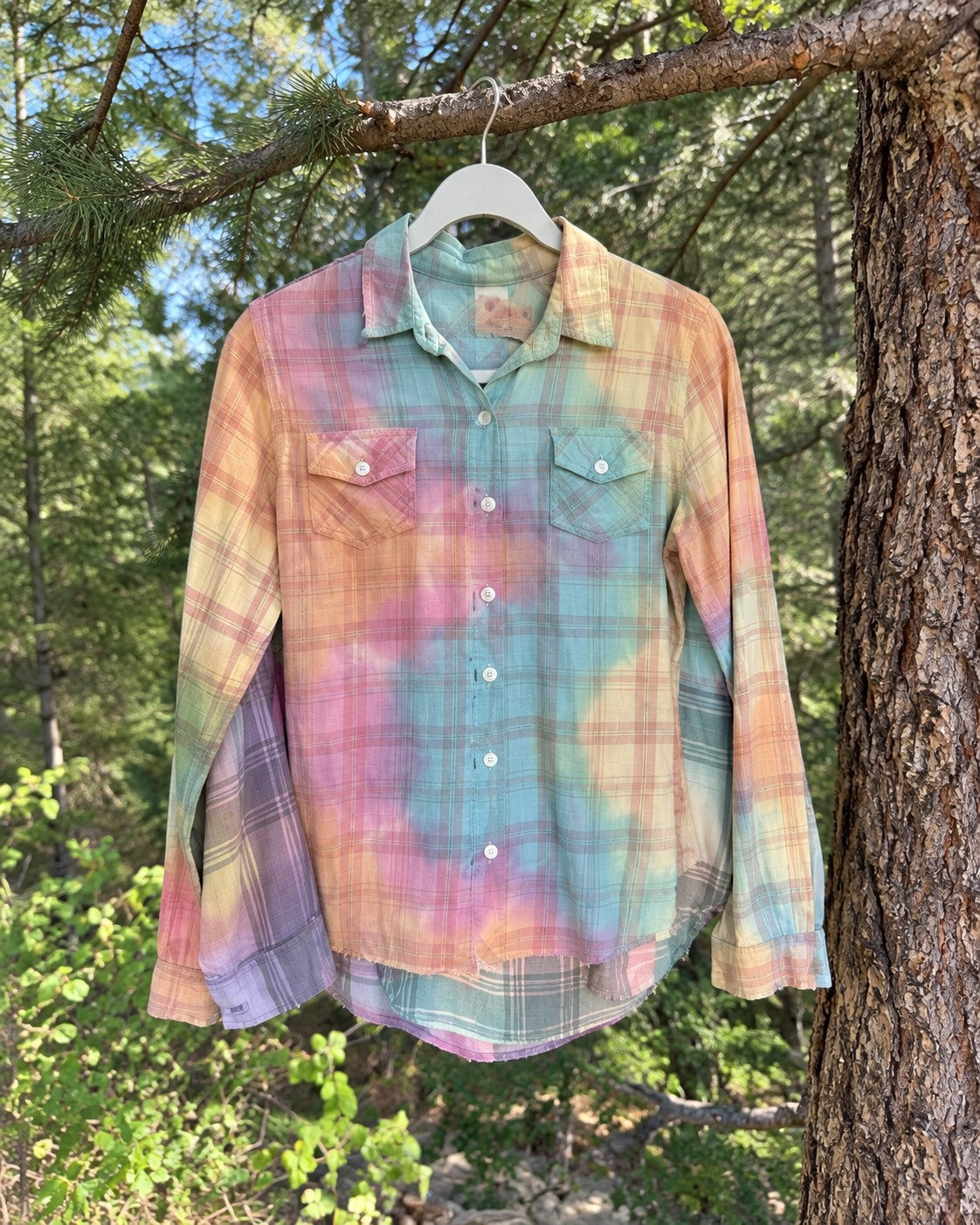 One-of-a-kind pastel peach aqua pink plaid watercolor-dyed button-up