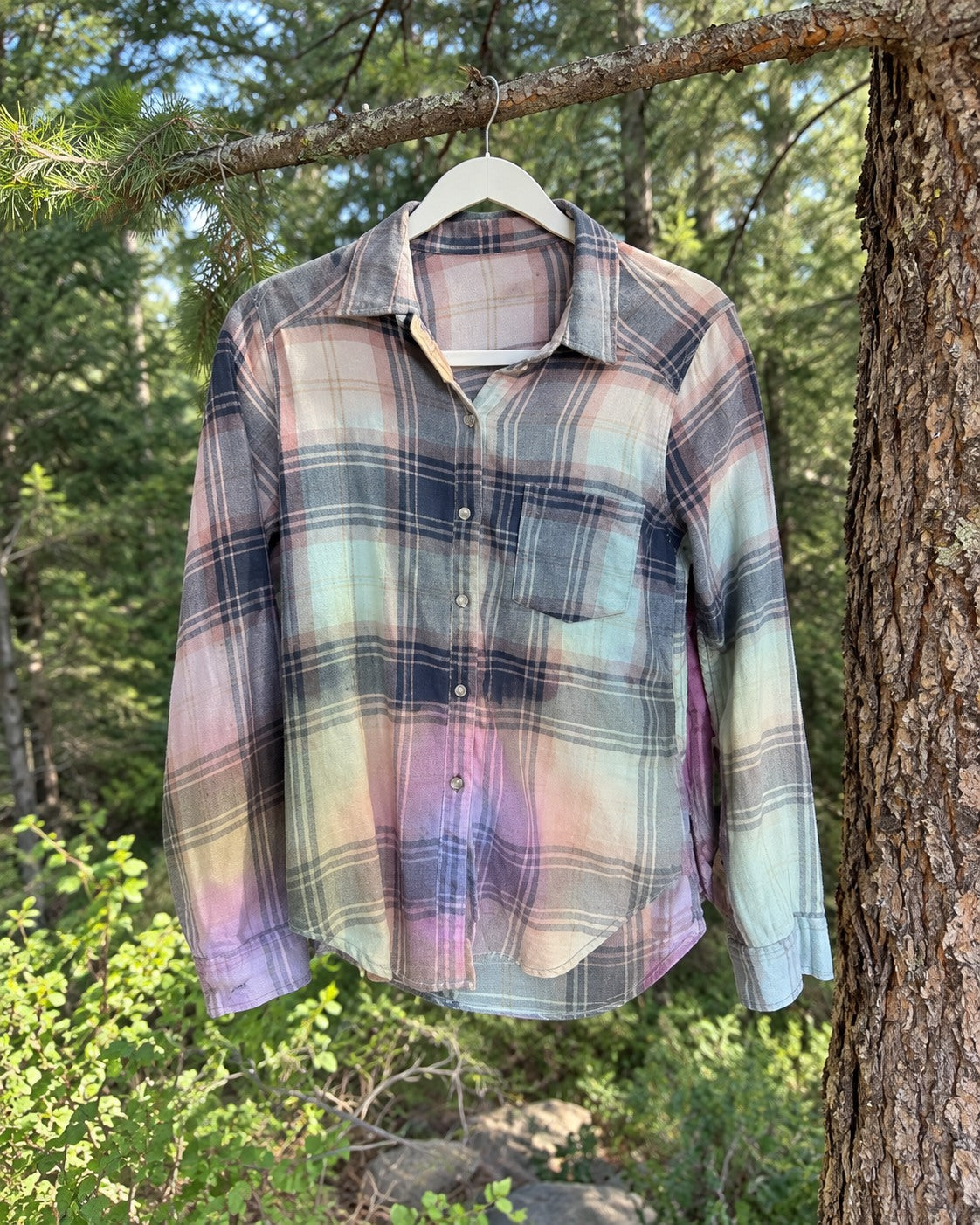 One-of-a-kind navy gray pink plaid pastel green pink blue dyed button-up