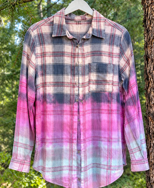 One-of-a-kind C&C California pink navy cream plaid magenta reverse-dyed button-up