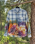 One-of-a-kind light blue navy plaid orange purple magenta geode-dyed button-up
