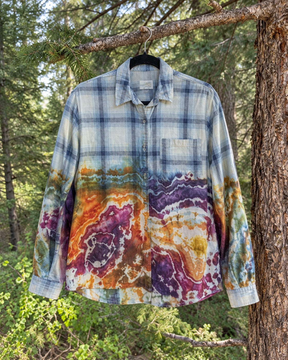 One-of-a-kind light blue navy plaid orange purple magenta geode-dyed button-up