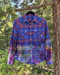 One-of-a-kind Stio red blue purple plaid geode-dyed button-up