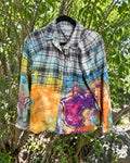 One-of-a-kind Lucky Brand gray white plaid aqua yellow orange magenta geode-dyed button-up