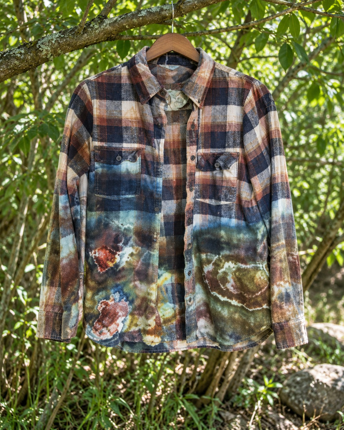 One-of-a-kind Picture It Graphic Clothing brown navy white plaid blue green rust geode-dyed button-up
