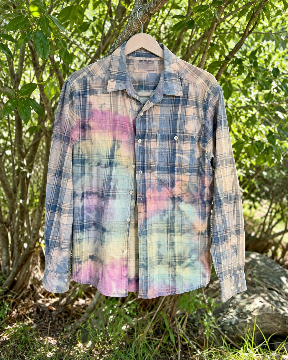 One-of-a-kind Urban Pipeline blue gray cream plaid pink aqua yellow pastel-dyed button-up