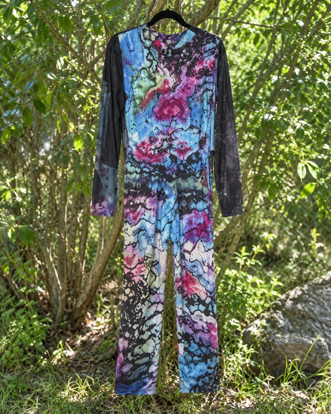 One-of-a-kind blue pink black abstract geode full-length jumpsuit