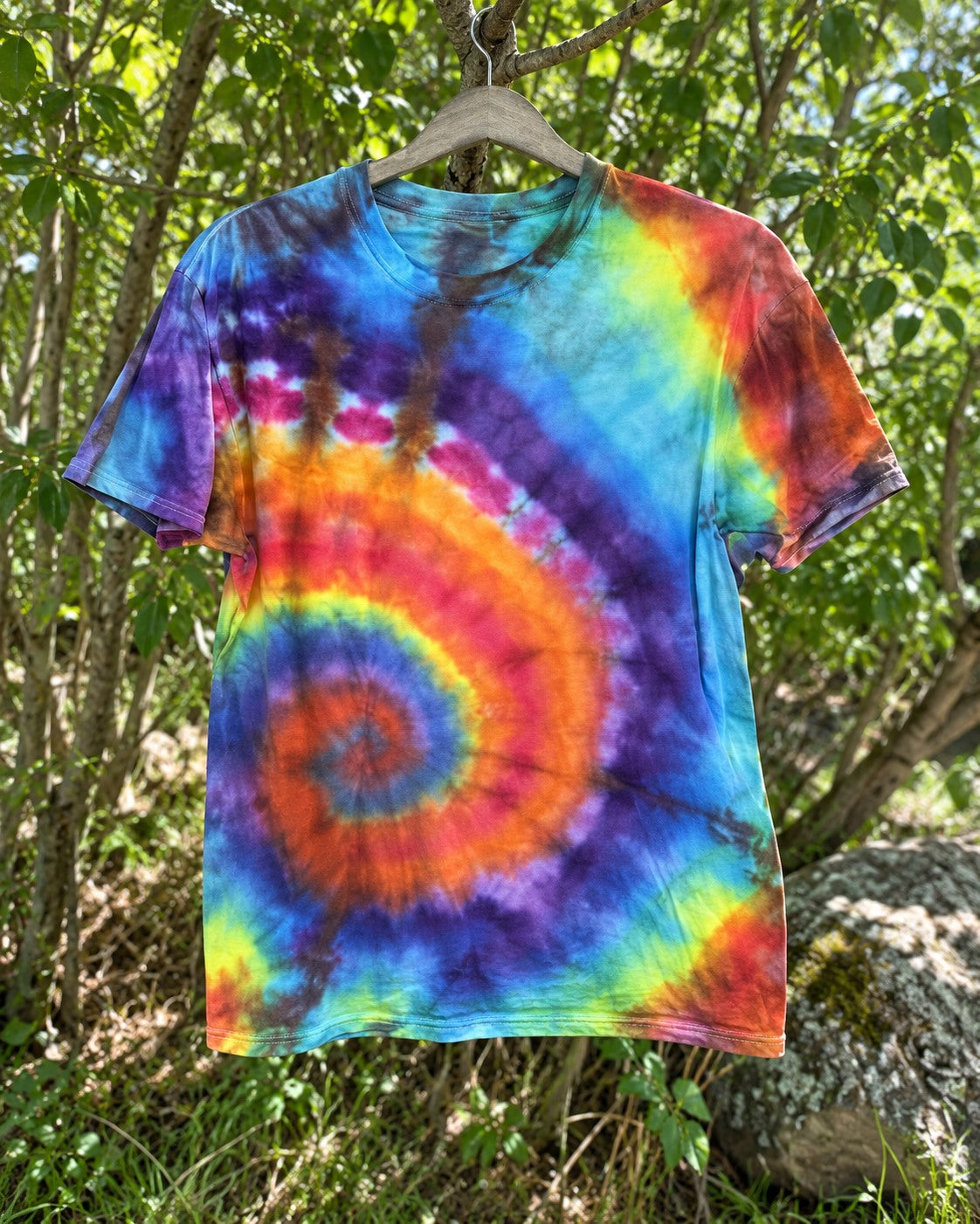 One-of-a-kind Gildan bright blue purple orange lime spiral tie-dye T-shirt