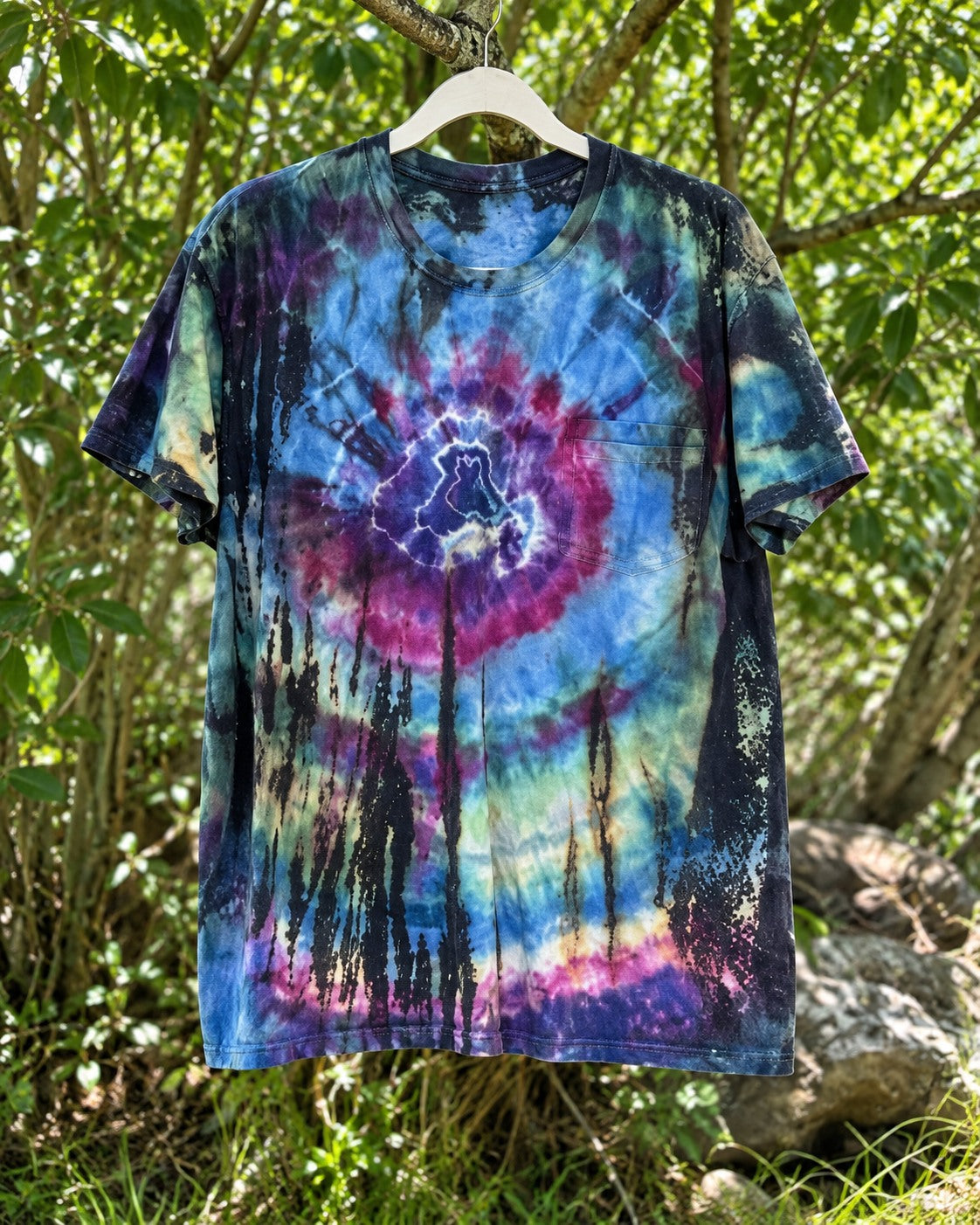 One-of-a-kind blue purple black ice-dye pocket T-shirt with burst and reverse details